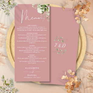Dusty Rose Floral Greenery Monogram Wedding Dinner Menu