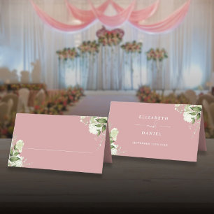 Dusty Rose Floral Greenery Wedding Folded Place Card