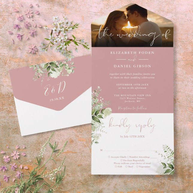 Dusty Rose Floral Greenery Wedding Photo All In One Invitation (Dusty Rose Floral Greenery Wedding Photo All In One Invitation)