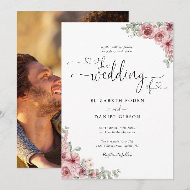 Dusty Rose Floral Hearts Script Photo Wedding Invitation (Front/Back)