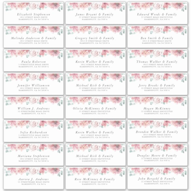 Dusty Rose Floral Individual Guest Address Labels (Front)