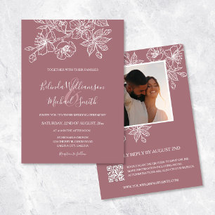 Dusty Rose Floral Line Art Photo Wedding Invitation