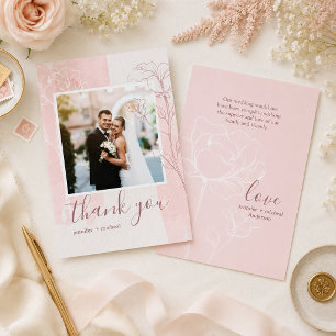 Dusty Rose Floral Line Art Photo Wedding  Thank You Card