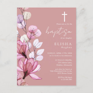 Dusty Rose Floral Monogram Baptism Invitation Postcard