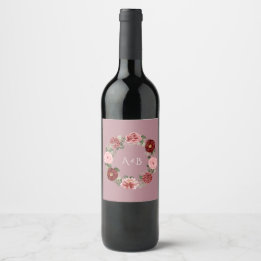 Dusty Rose Floral Monogram Wedding Wine Bottle Label