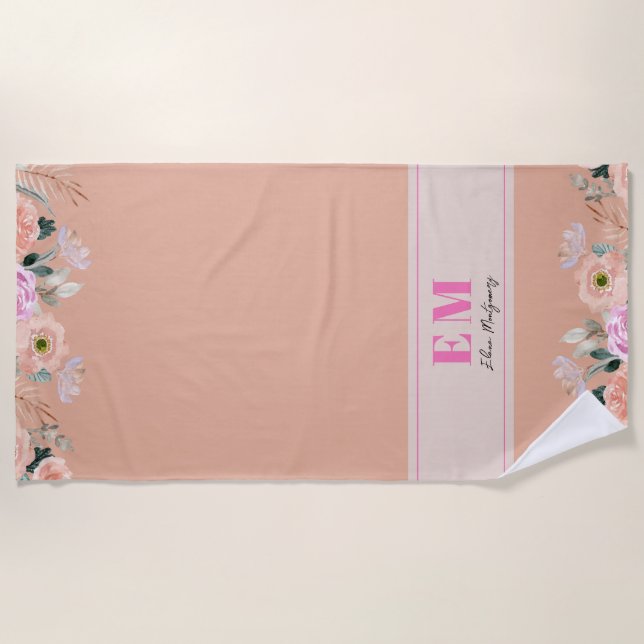 Dusty Rose floral monogrammed  Beach Towel (Front)