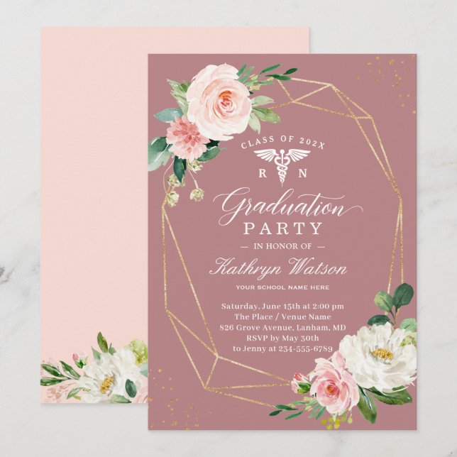 Dusty Rose Floral Nursing School Graduation Party Invitation (Front/Back)
