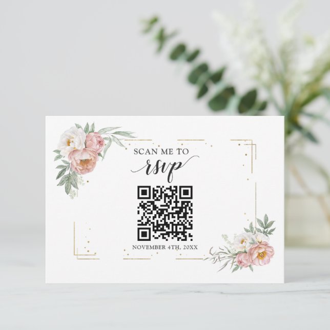 Dusty Rose Floral QR Code Add your URL Wedding   RSVP Card (Standing Front)