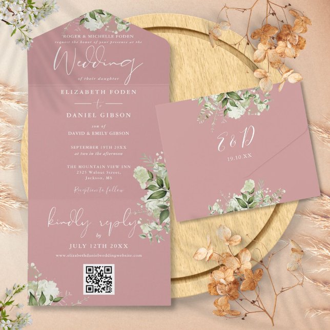 Dusty Rose Floral QR Code Formal Wedding All In One Invitation (Dusty Rose Floral QR Code Formal Wedding All In One Invitation)