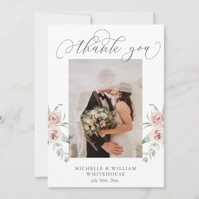 Dusty Rose Floral Script Photo Mariage Merci (Devant)