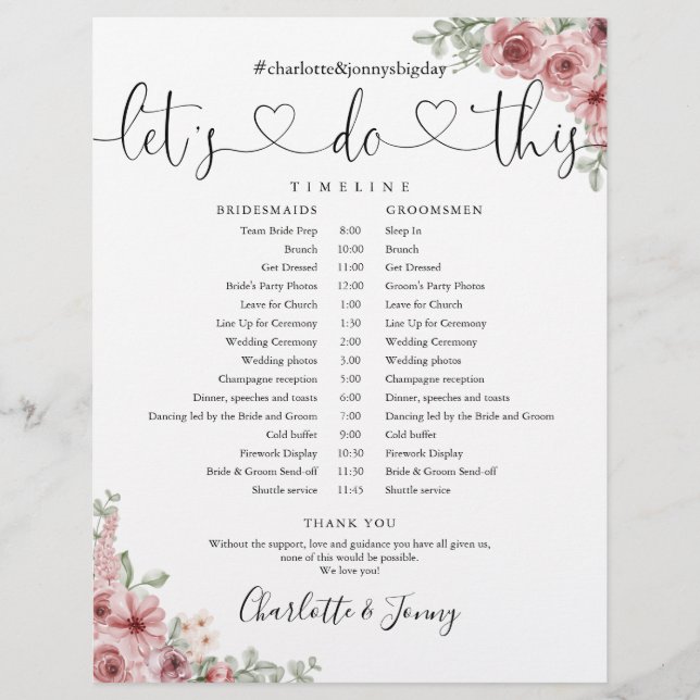 Dusty Rose Floral Script Wedding Schedule Timeline (Front)