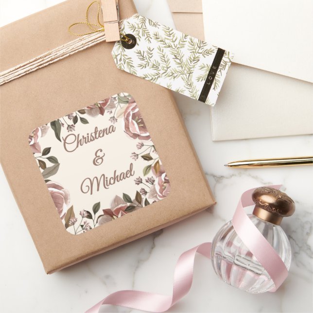 Dusty Rose Floral Wedding Square Sticker (Gifting)