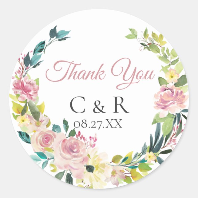 Dusty Rose Floral Wreath Personalized Wedding Classic Round Sticker (Front)
