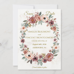 Dusty Rose Floral Wreath Save the Date Card