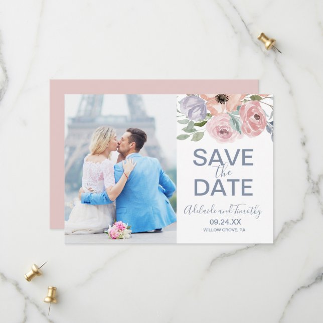 Dusty Rose Florals Photo Save the Date Card (Front/Back In Situ)