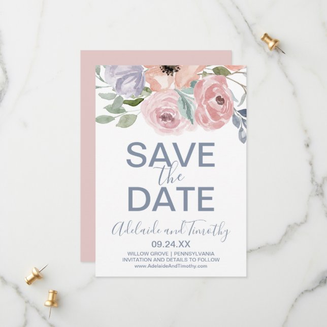 Dusty Rose Florals Save the Date Card (Front/Back In Situ)