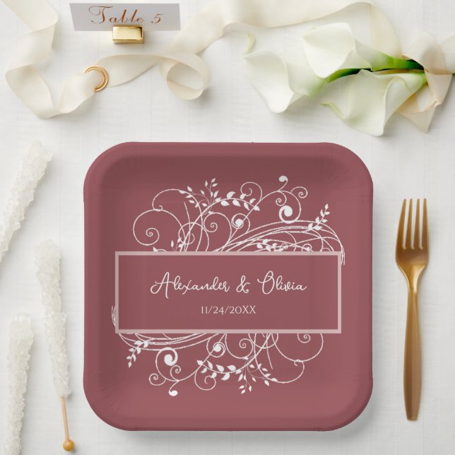 Dusty Rose Flourish Wedding Shower Paper Plates (Wedding)