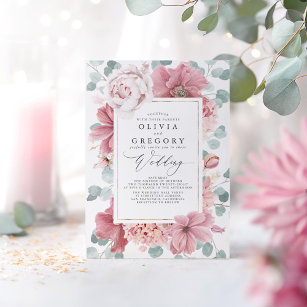 Dusty Rose Flowers and Greenery Elegant Wedding Invitation