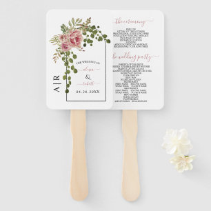 Dusty rose flowers arch, initials wedding program hand fan