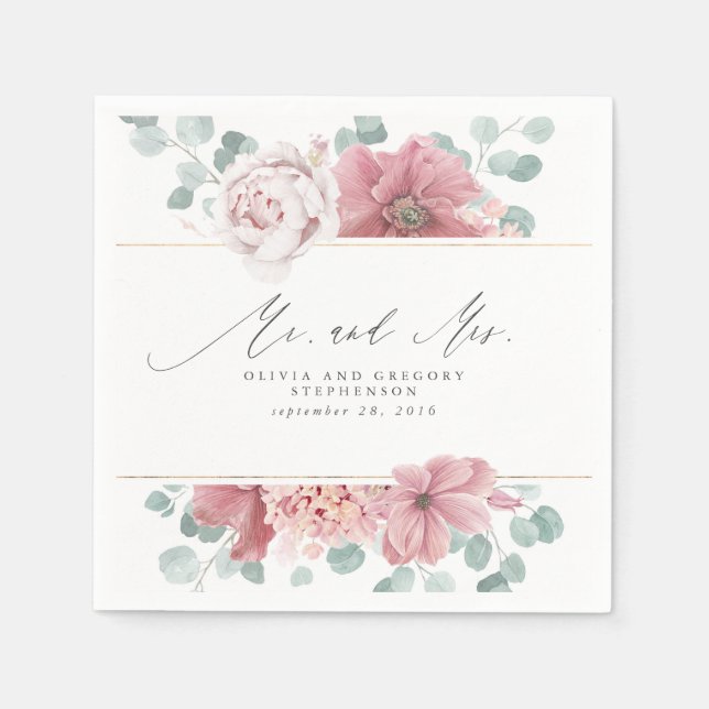 Dusty Rose Flowers Elegant Botanical Mr and Mrs Napkin (Front)