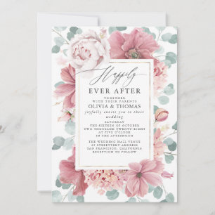 Dusty Rose Flowers Happily Ever After Wedding Invitation