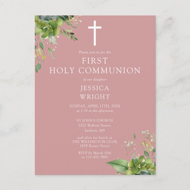 Dusty Rose Foliage First Holy Communion Invitation Postcard (Front)