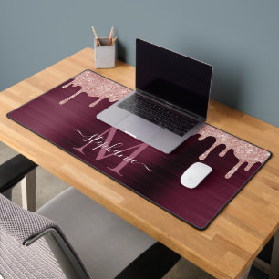 Dusty Rose Glitter Drip Burgundy Glam Monogram Desk Mat