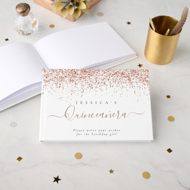 Dusty Rose Glitter Quinceanera Guest Book (Front Open)