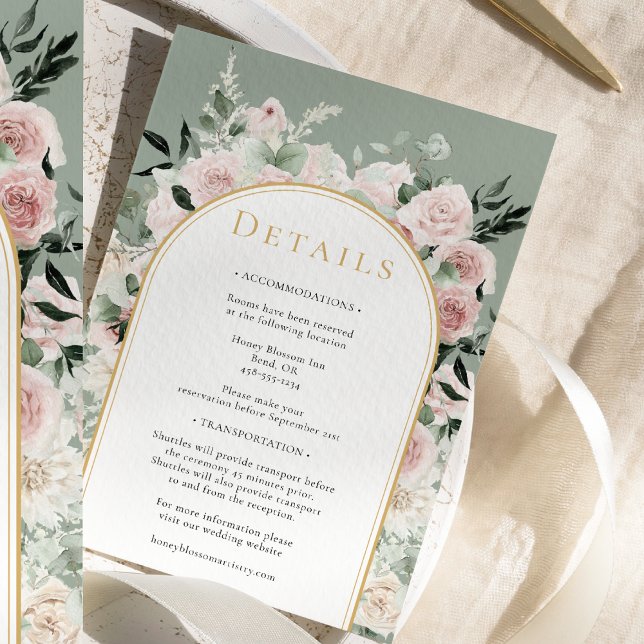 Dusty Rose Gold Arch Sage Simple Wedding Details Enclosure Card (Creator Uploaded)