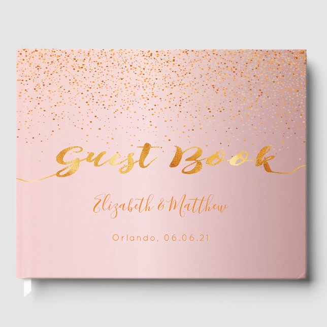 Dusty rose gold confetti script wedding guest book (Front)