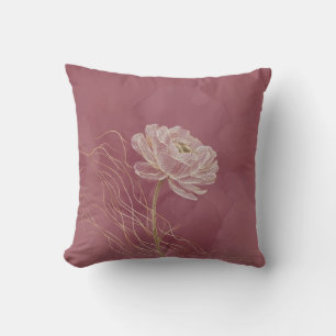 Dusty Rose Gold Floral Line Art Elegant Throw Pillow