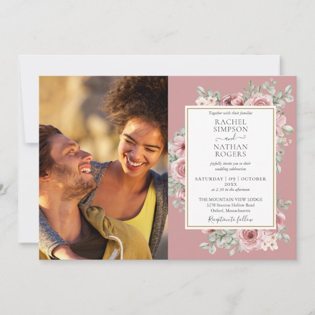 Dusty Rose Gold Floral Photo Wedding Invitation (Front)