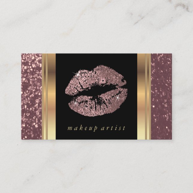 Dusty Rose Gold Glitter Lips and Elegant Gold Business Card (Front)