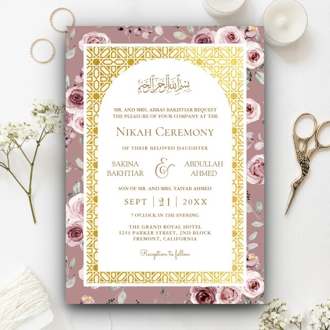 Dusty Rose Gold Islamic Pattern Muslim Wedding Invitation (Creator Uploaded)