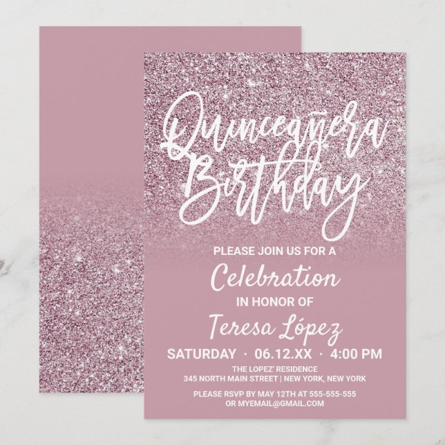 Dusty Rose Gold Pink Glitter Ombre Quinceañera Invitation (Front/Back)