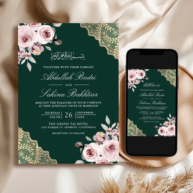 Dusty Rose Gold QR Code Emerald Muslim Wedding Invitation (Creator Uploaded)