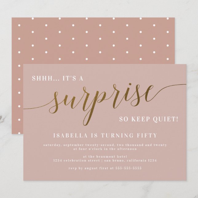 Dusty Rose & Gold Script Surprise Birthday Party Invitation (Front/Back)