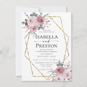 Dusty Rose Gold Watercolor Blush Floral Wedding  Invitation