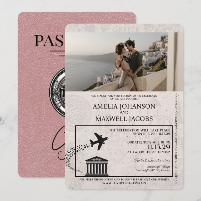 Dusty Rose Greece Passport Wedding Invitation (Front/Back)
