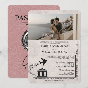 Dusty Rose Greece Passport Wedding Invitation