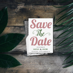 Dusty rose, green typography and photo on the back save the date