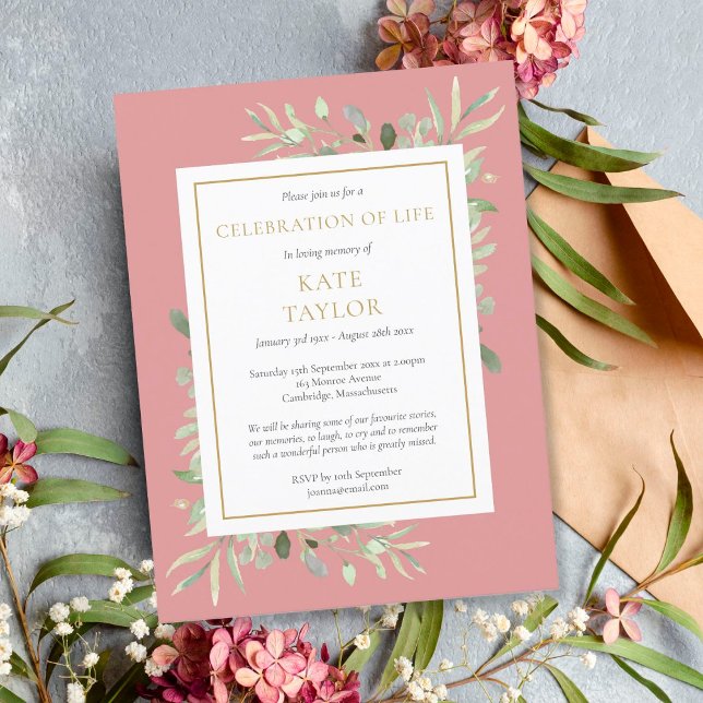 Dusty Rose Greenery Celebration of Life Funeral Announcement Postcard (Creator Uploaded)