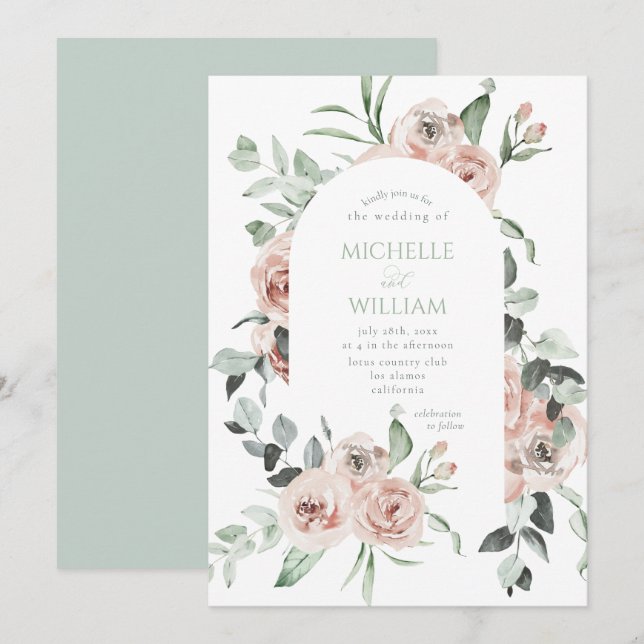 Dusty Rose Greenery Floral Delicate Wedding  Invitation (Front/Back)