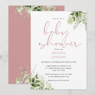 Dusty Rose Greenery Floral Girl Baby Shower Invitation