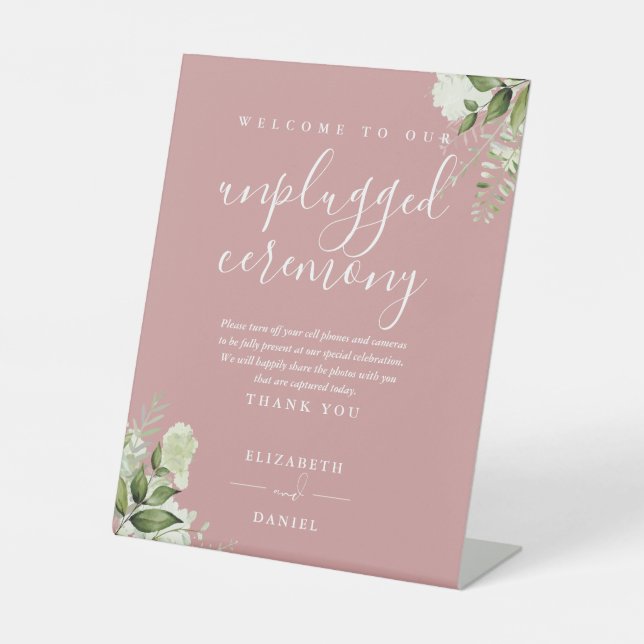 Dusty Rose Greenery Floral Unplugged Ceremony Pedestal Sign (Front)