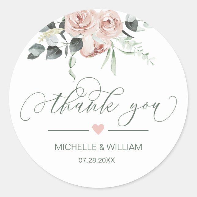 Dusty Rose Greenery Floral Wedding Thank You Classic Round Sticker (Front)