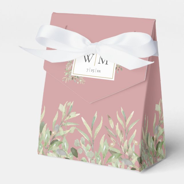Dusty Rose Greenery Foliage Monogram Wedding Favor Box (Front Side)