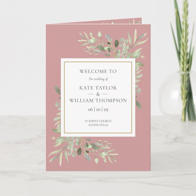 Dusty Rose Greenery Foliage Wedding Program (Front)