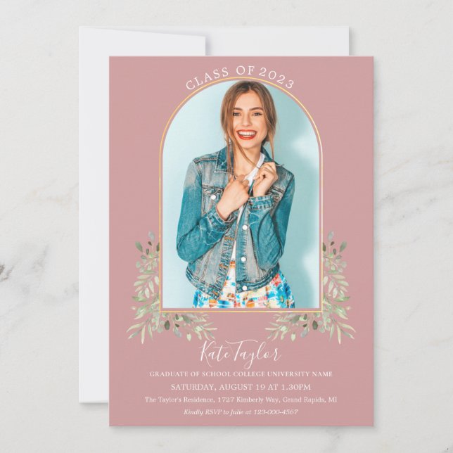 Dusty Rose Greenery Gold Arch Photo Graduation Inv Invitation (Front)
