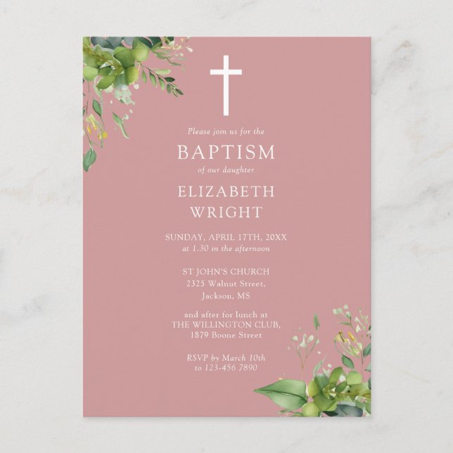 Dusty Rose Greenery Monogram Baptism Invitation Postcard (Front)
